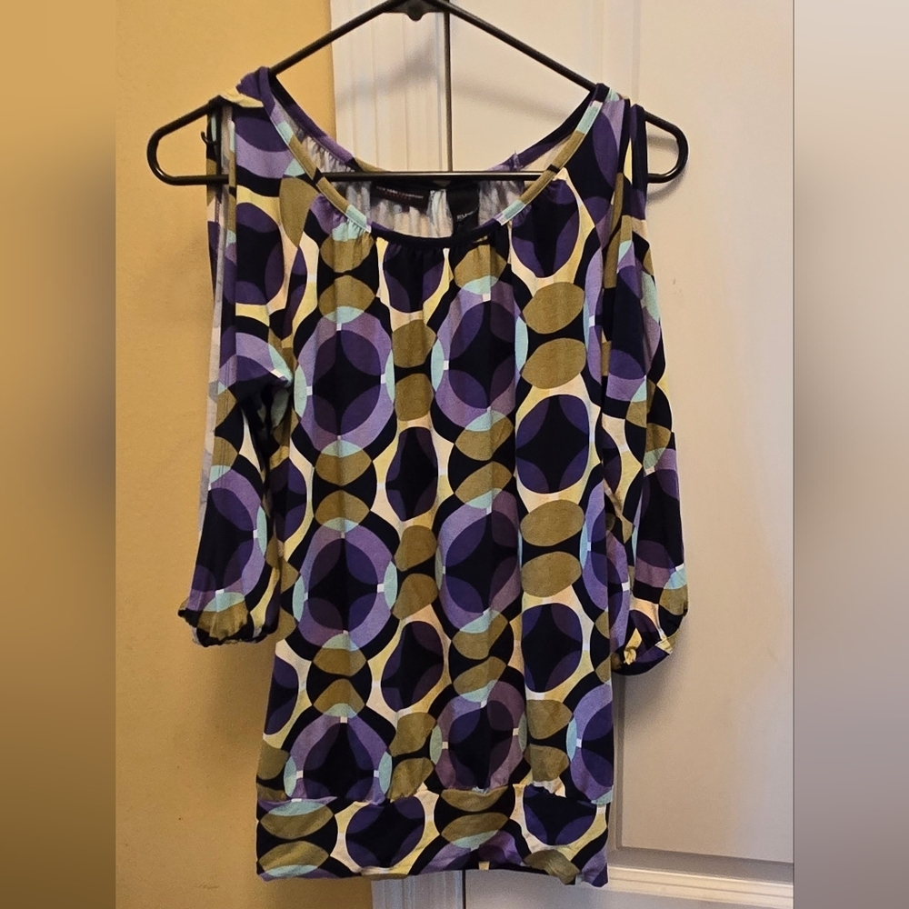 New York & Company Womens Purple and Green Blouse Cold Shoulder Elegant Top Y2k
